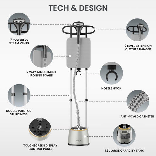 OWNAIR Steam iron with Stand, Standing Garment Steamer, 1.8L Water Tank, LED Touch Screen, 42 g/min, 8 Heat Settings, Adjustable Steam Flow & Iron Board, easy Horizontal and Vertical Ironing