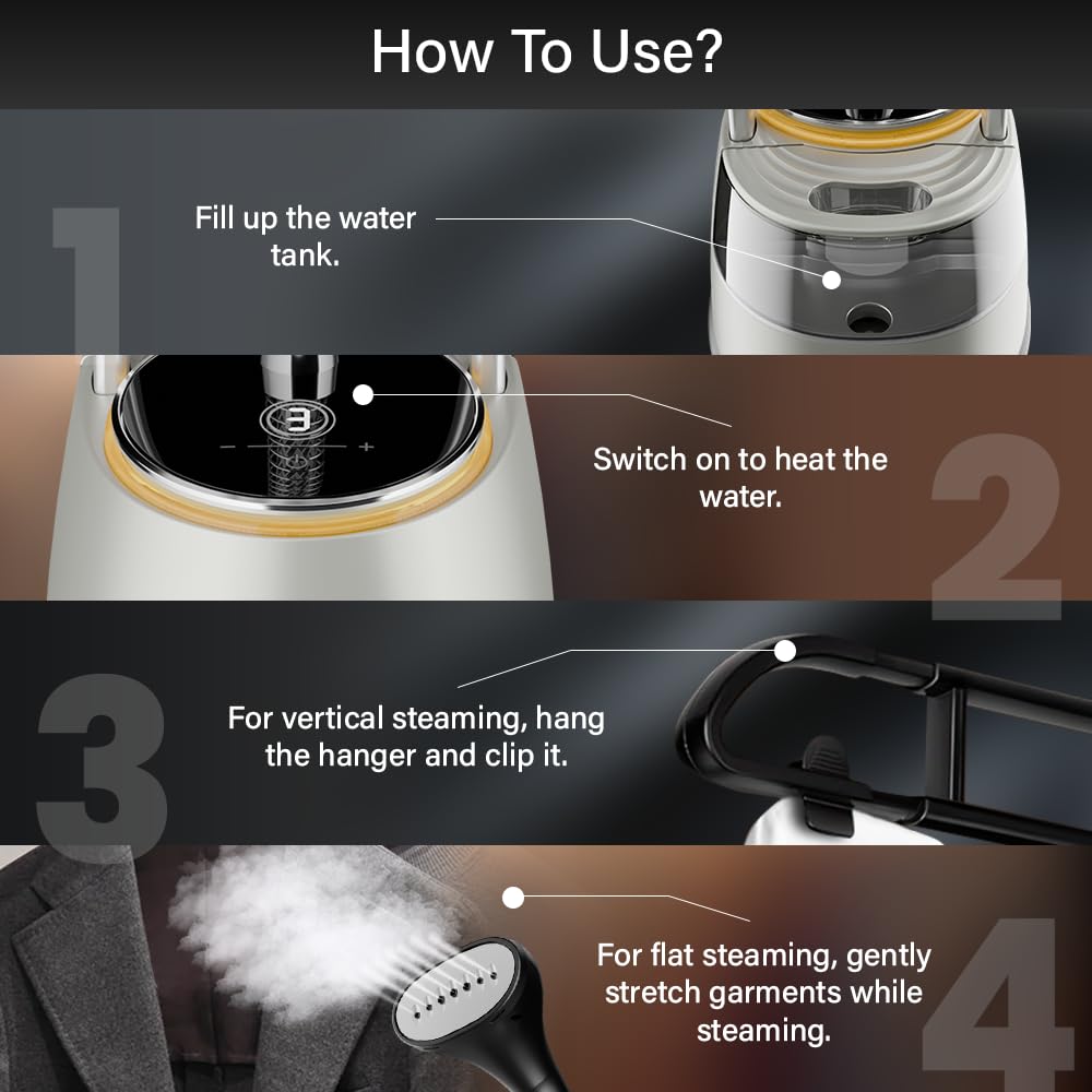 OWNAIR Steam iron with Stand, Standing Garment Steamer, 1.5L Water Tank, LED Touch Screen, 42 g/min, 8 Heat Settings, Adjustable Steam Flow & Iron Board, easy Horizontal and Vertical Ironing