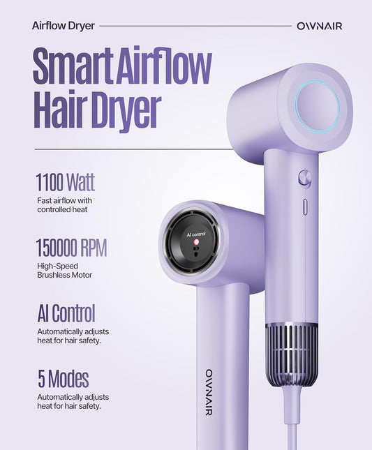 Ownair AI High-Speed Hair Dryer – 1100W Ionic Blow Dryer with Smart Temperature Control, Fast Drying, Low Noise, Frizz-Free Styling (Purple)
