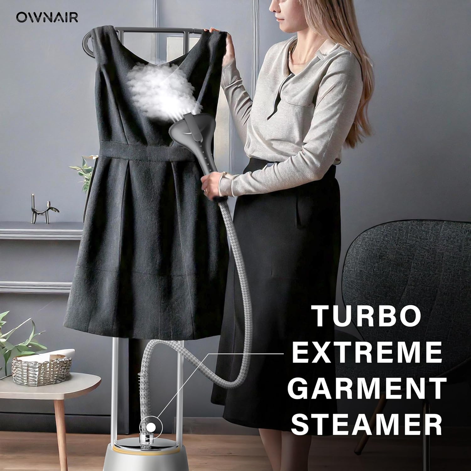 OWNAIR Steam iron with Stand, Standing Garment Steamer, 1.5L Water Tank, LED Touch Screen, 42 g/min, 8 Heat Settings, Adjustable Steam Flow & Iron Board, easy Horizontal and Vertical Ironing