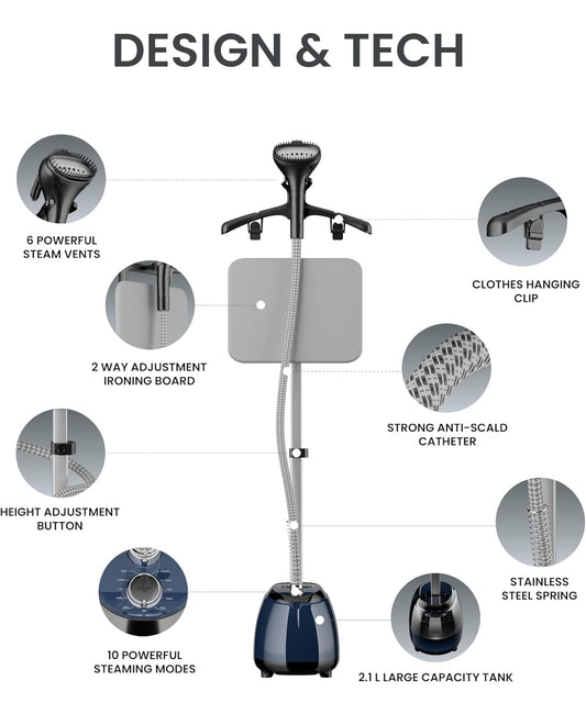 OWNAIR Steam iron with Stand, Standing Garment Steamer, 2.1L Water Tank, 35 g/min, 10 Heat modes, 2000 watt, Adjustable Iron Board, Horizontal and Vertical, 1 year warranty by OWNAIR