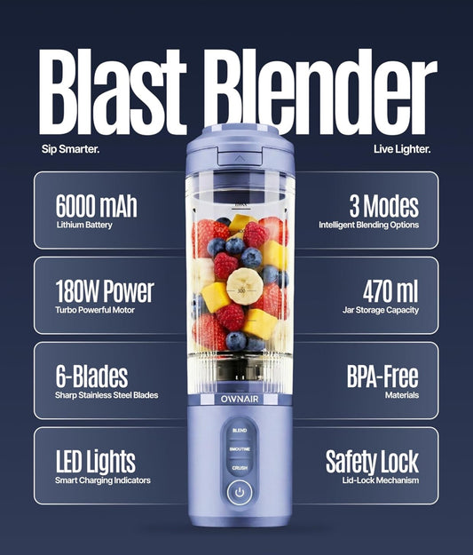 OWNAIR Portable Personal Smoothie Blender for Juices, 180W USB-Rechargeable, 470ml Tritan BPA-Free Sipper Jar, 6000mAh Battery, for Shakes & Baby Food (Blue)