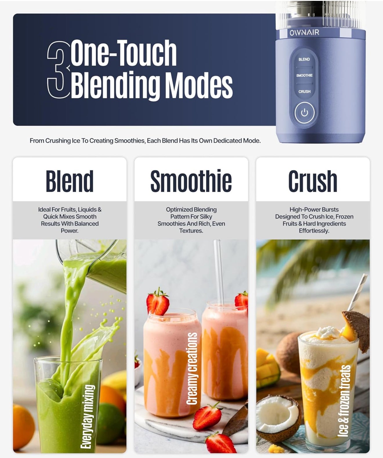 OWNAIR Portable Personal Smoothie Blender for Juices, 180W USB-Rechargeable, 470ml Tritan BPA-Free Sipper Jar, 6000mAh Battery, for Shakes & Baby Food (Blue)