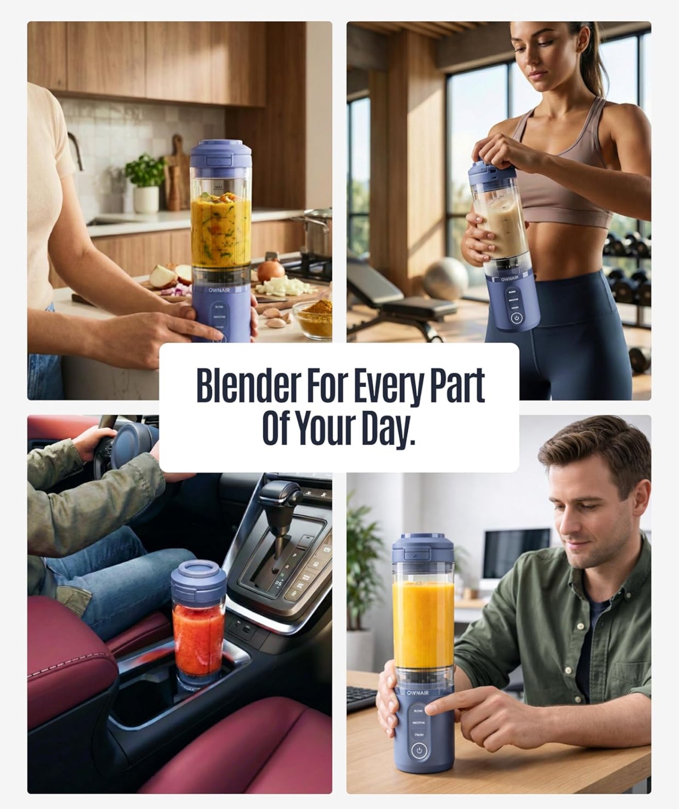 OWNAIR Portable Personal Smoothie Blender for Juices, 180W USB-Rechargeable, 470ml Tritan BPA-Free Sipper Jar, 6000mAh Battery, for Shakes & Baby Food (Blue)