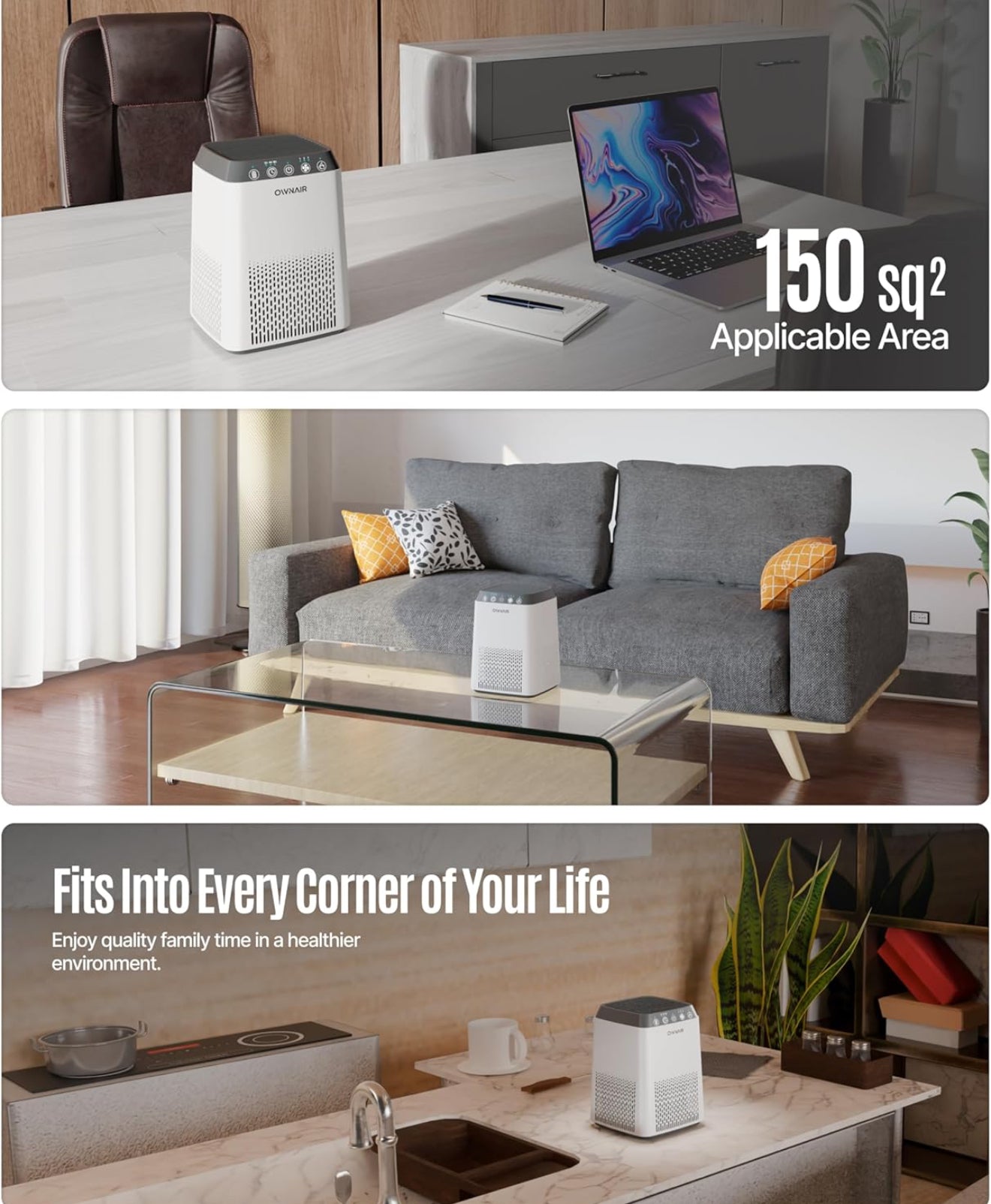 OWNAIR Smart Air Purifier For Coverage Area 150 Sq Ft- Removes 99.97% of Pollen,Dust, Smoke, Quiet and Low energy consumption, Ideal for Bedrooms - White
