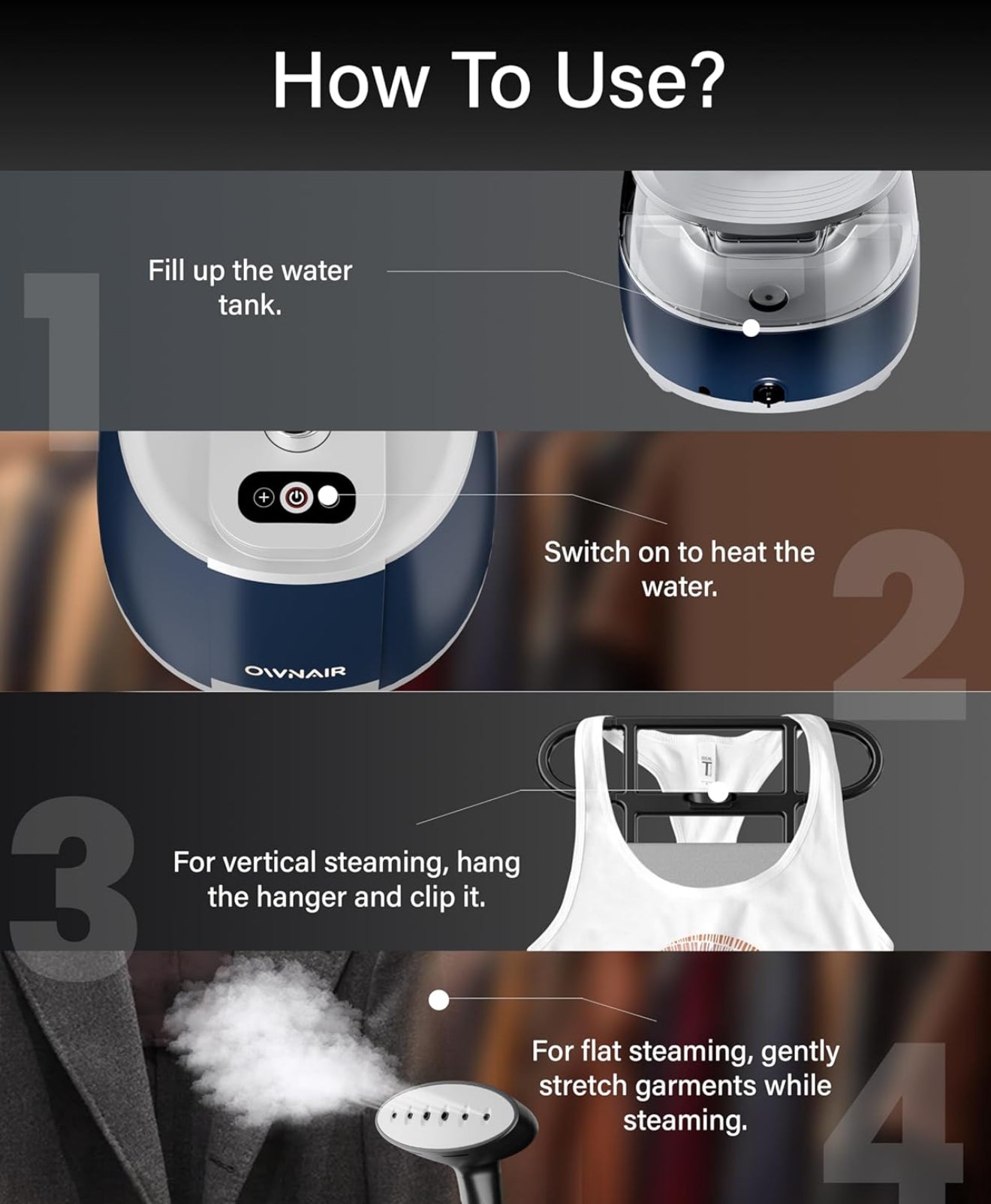 OWNAIR Steam iron with Stand, Standing Garment Steamer, 2.1L Water Tank, 35 g/min, 10 Heat modes, 2000 watt, Adjustable Iron Board, Horizontal and Vertical, 1 year warranty by OWNAIR