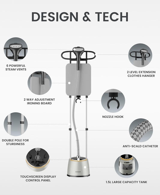 OWNAIR Steam iron with Stand, Standing Garment Steamer, 1.5L Water Tank, LED Touch Screen, 42 g/min, 8 Heat Settings, Adjustable Steam Flow & Iron Board, easy Horizontal and Vertical Ironing