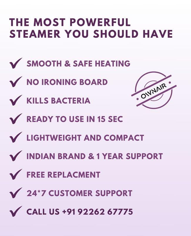 OWNAIR Handheld Garment Steamer for clothes, steam iron press, easy vertical horizontal steaming, steamer for ironing clothes, 24g/min high steam 1800 Watt, 110 ml, 15-sec Fast Heating (Purple)