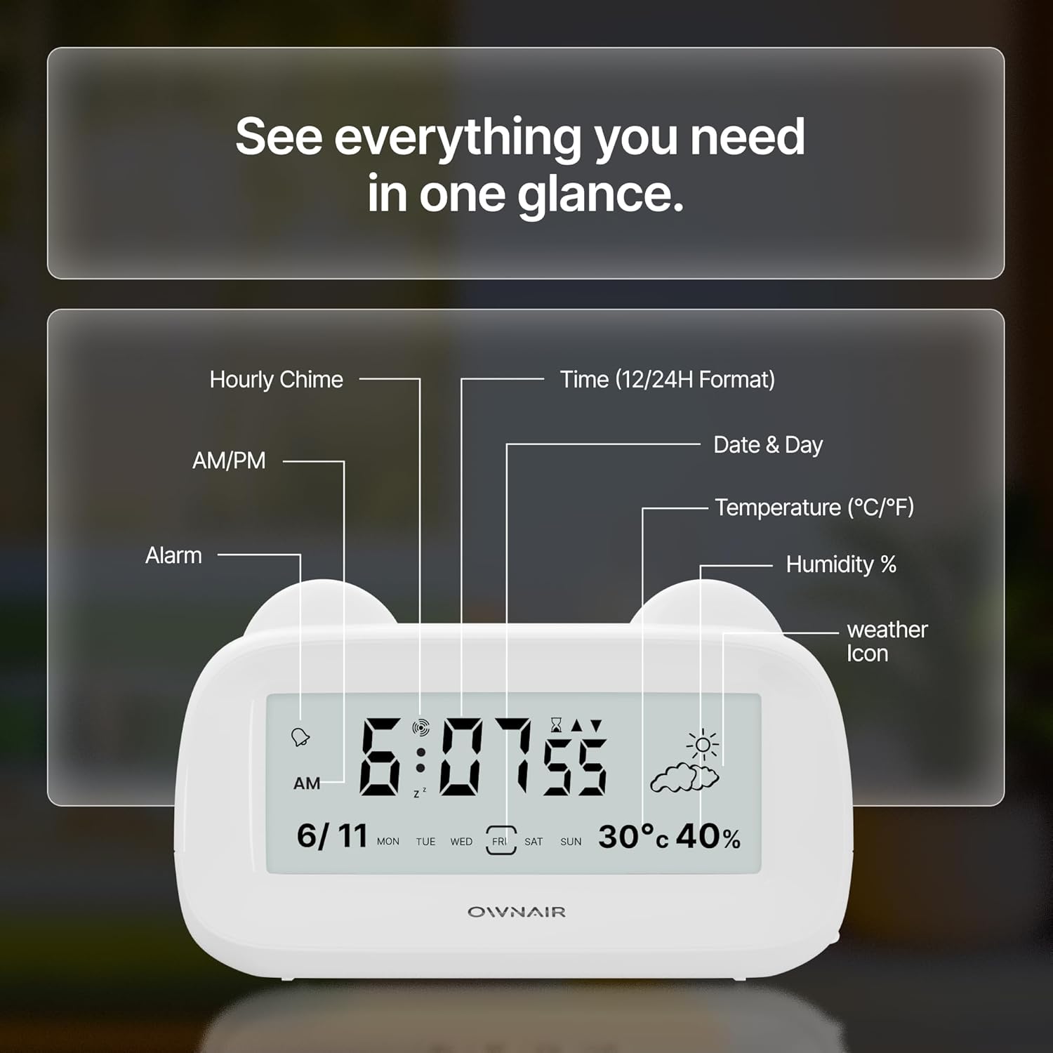 OWNAIR Digital Alarm Clock with Automatic Sensor, Date and Temperature Display, Table Clock for Students, Home, Office, Corporate Use. (White)