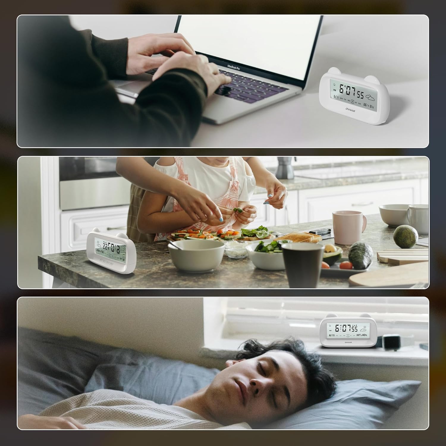 OWNAIR Digital Alarm Clock with Automatic Sensor, Date and Temperature Display, Table Clock for Students, Home, Office, Corporate Use. (White)