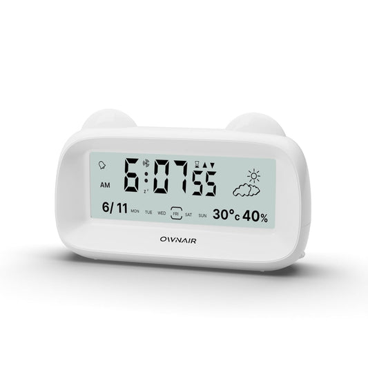 OWNAIR Digital Alarm Clock with Automatic Sensor, Date and Temperature Display, Table Clock for Students, Home, Office, Corporate Use. (White)