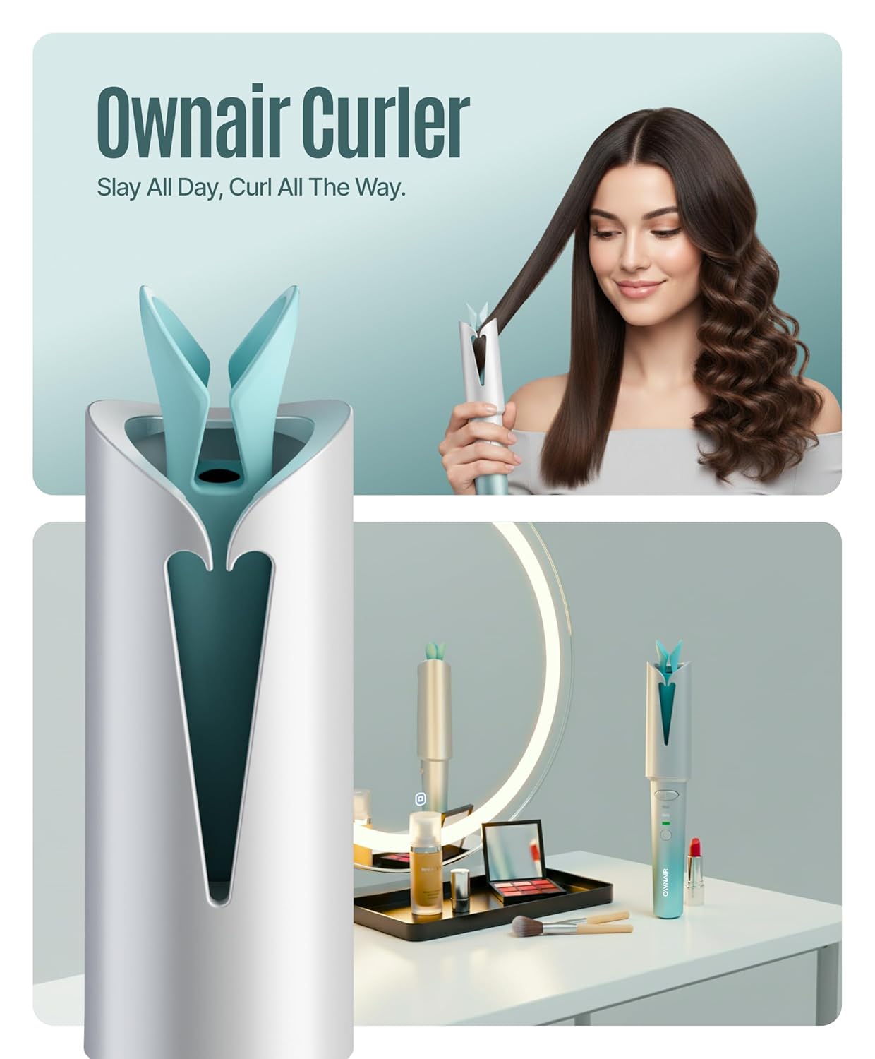 OWNAIR Automatic Hair Curler for Women | Cordless Hair Curler Machine – Dual Modes (Left/Right), 2 Temp Settings (160°C & 190°C), 4200mAh USB-C Rechargeable Iron with 360° Swivel Barrel