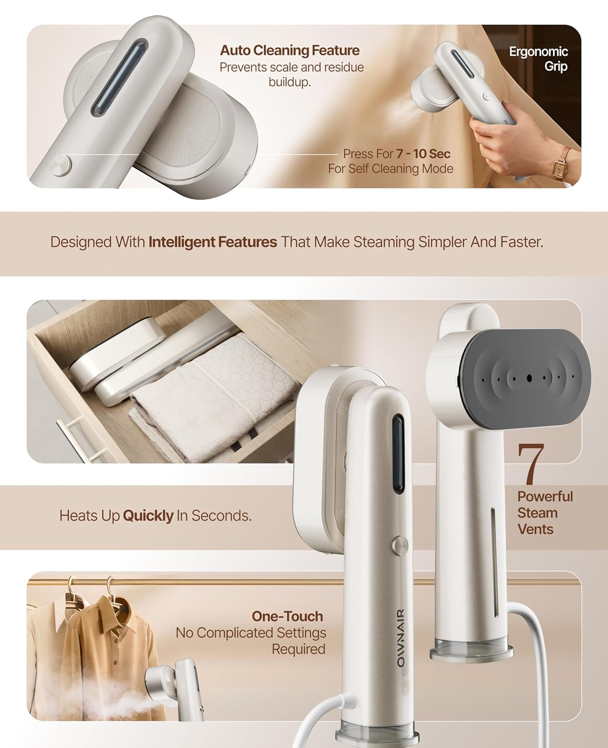 OWNAIR 2 In 1 Turbo Handheld Wet and Dry Garment Steamer for clothes, steam iron press, easy vertical horizontal steaming, steamer for ironing clothes, 24g/min high steam 1300 Watt