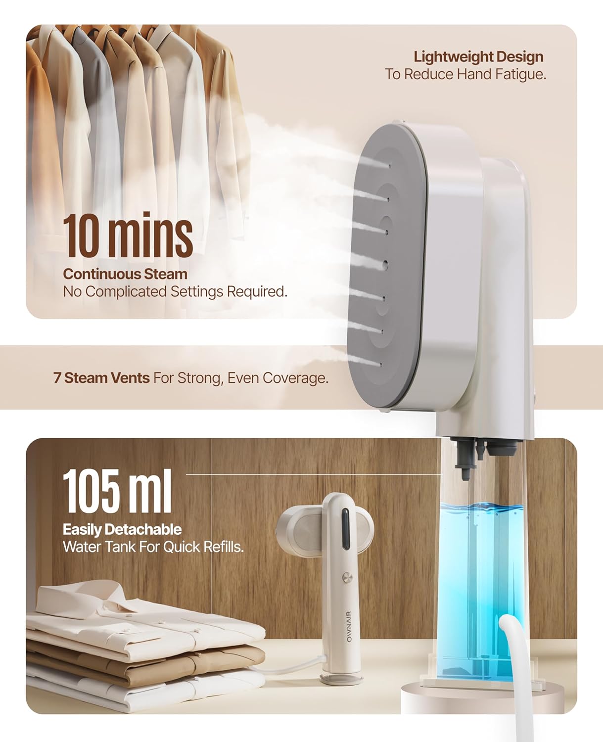 OWNAIR 2 In 1 Turbo Handheld Wet and Dry Garment Steamer for clothes, steam iron press, easy vertical horizontal steaming, steamer for ironing clothes, 24g/min high steam 1300 Watt