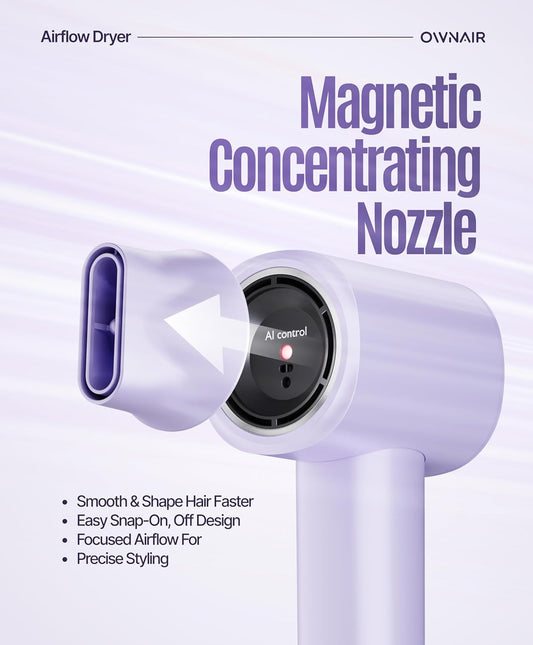 Ownair AI High-Speed Hair Dryer – 1100W Ionic Blow Dryer with Smart Temperature Control, Fast Drying, Low Noise, Frizz-Free Styling (Purple)
