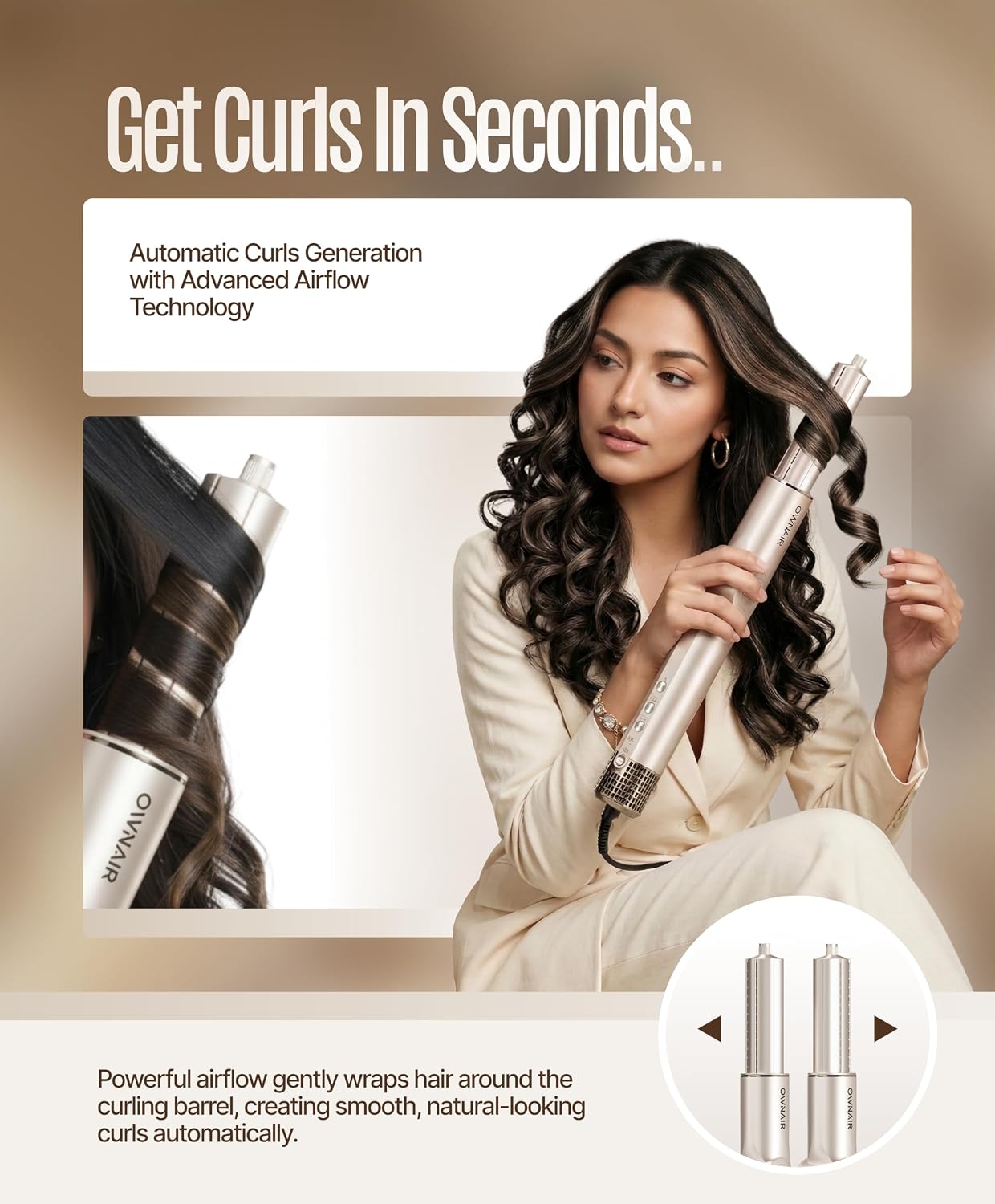 Ownair 6 In 1 Professional Air Styler for Women, 110000 RPM High Speed BLDC Motor, Hot Air Styler, Hair Dryer Brush with Auto Curler, Straightening Brush, Volumizing Brush, Cold Air Mode, Foldable Handle