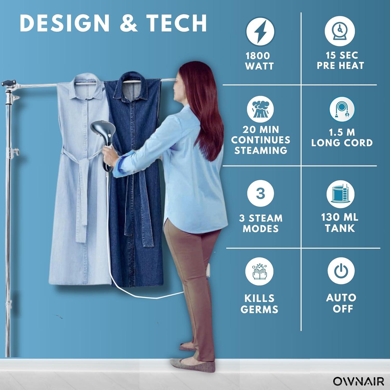 Features of ownair garment steamer blue