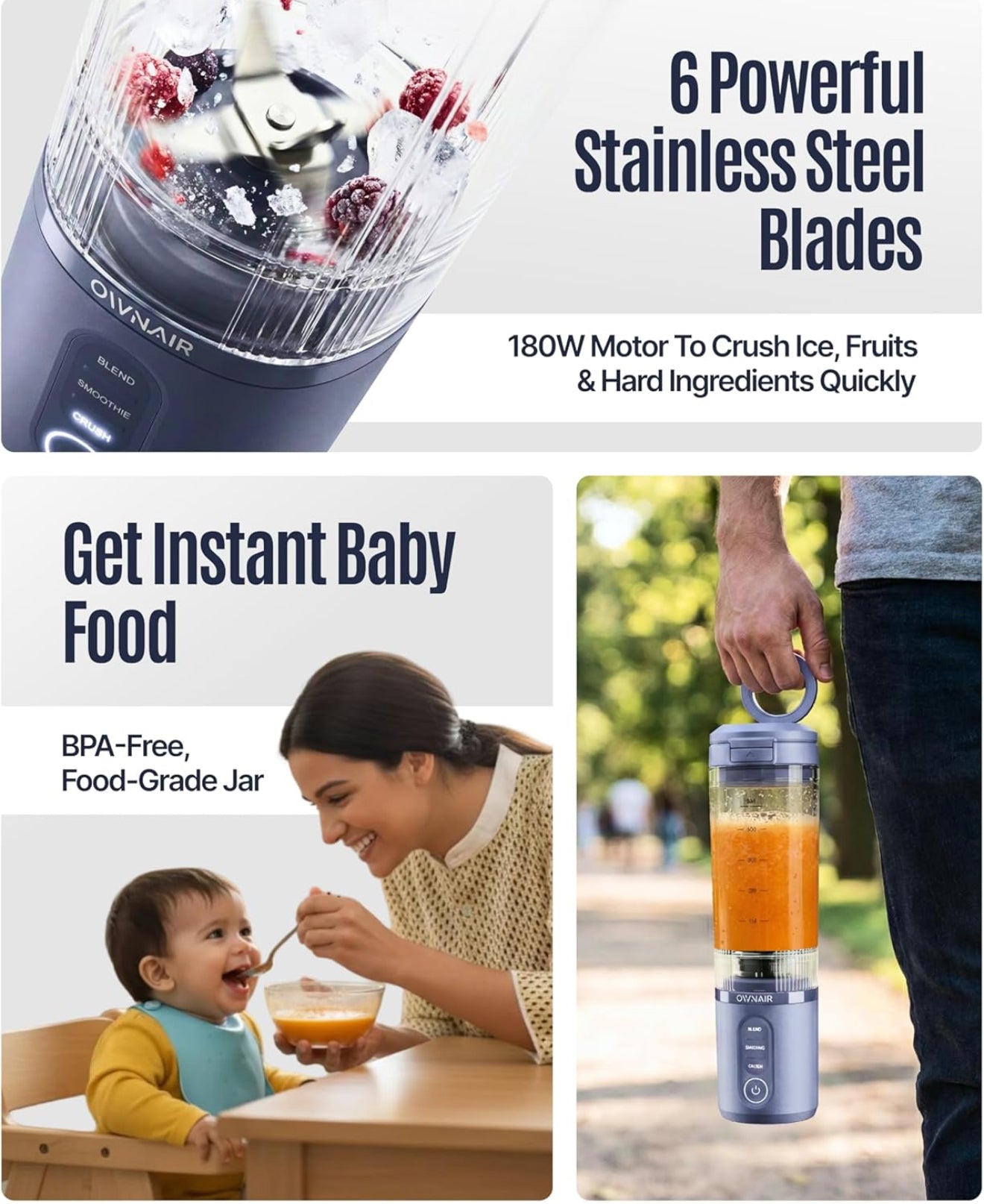 OWNAIR Portable Personal Smoothie Blender for Juices, 180W USB-Rechargeable, 470ml Tritan BPA-Free Sipper Jar, 6000mAh Battery, for Shakes & Baby Food (Blue)
