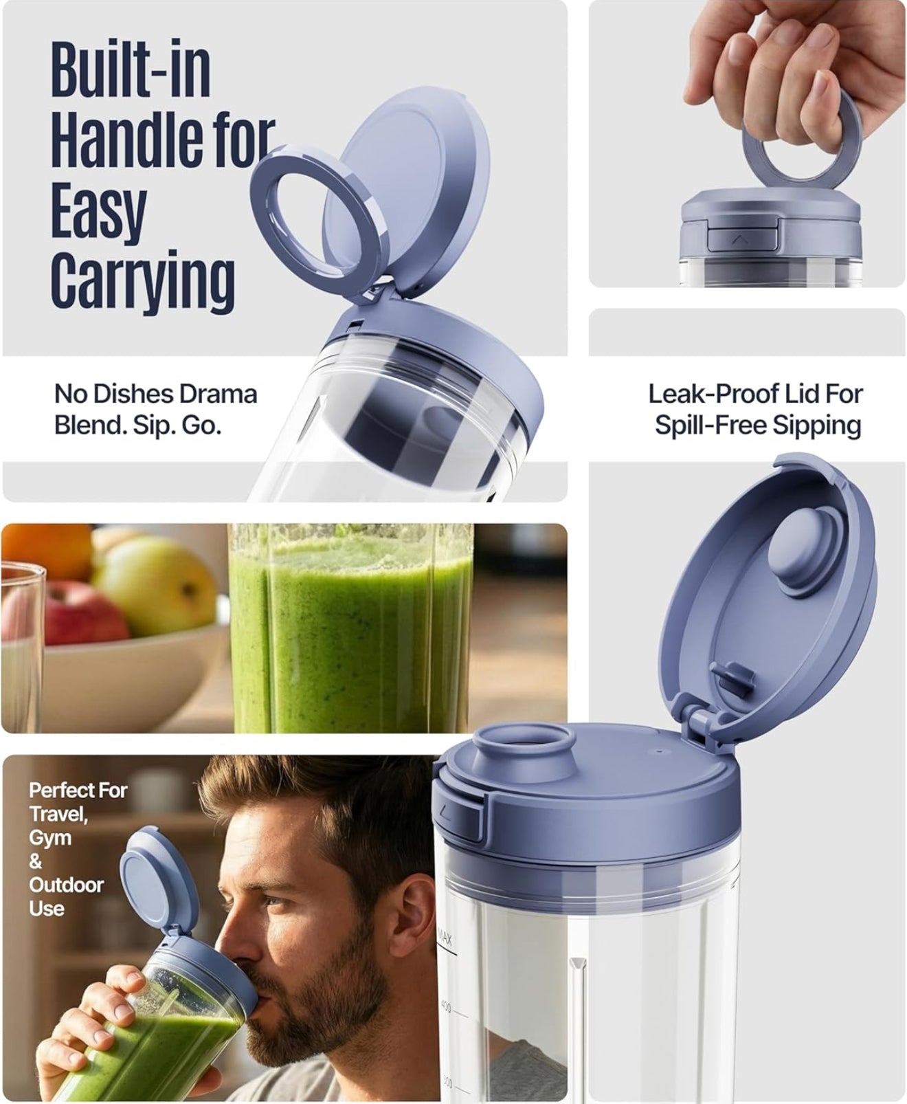 OWNAIR Portable Personal Smoothie Blender for Juices, 180W USB-Rechargeable, 470ml Tritan BPA-Free Sipper Jar, 6000mAh Battery, for Shakes & Baby Food (Blue)