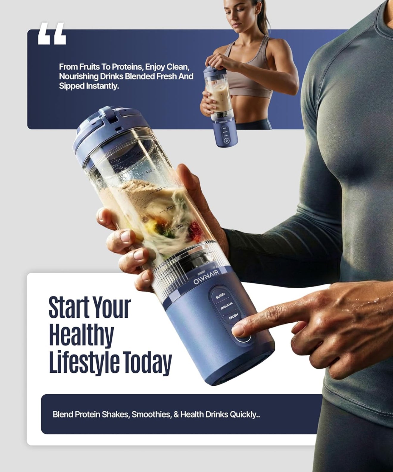 OWNAIR Portable Personal Smoothie Blender for Juices, 180W USB-Rechargeable, 470ml Tritan BPA-Free Sipper Jar, 6000mAh Battery, for Shakes & Baby Food (Blue)