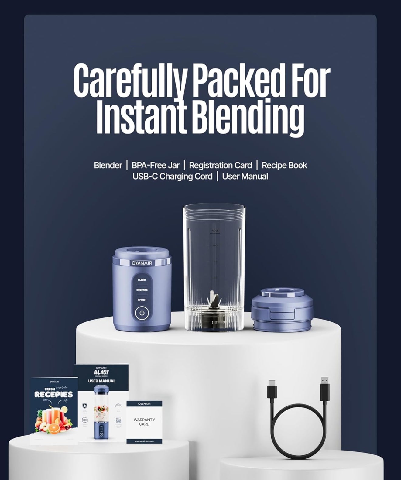 OWNAIR Portable Personal Smoothie Blender for Juices, 180W USB-Rechargeable, 470ml Tritan BPA-Free Sipper Jar, 6000mAh Battery, for Shakes & Baby Food (Blue)