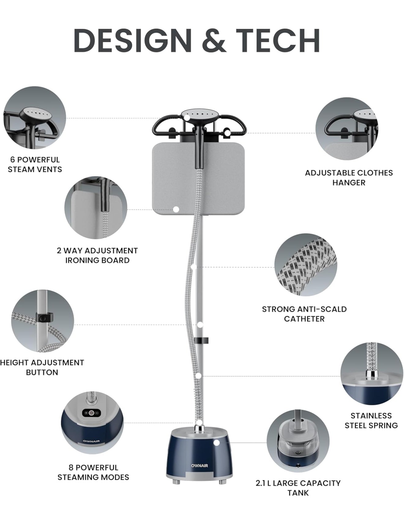 OWNAIR Steam iron with Stand, Standing Garment Steamer, 2.1L Water Tank, 35 g/min, 10 Heat modes, 2000 watt, Adjustable Iron Board, Horizontal and Vertical, 1 year warranty by OWNAIR