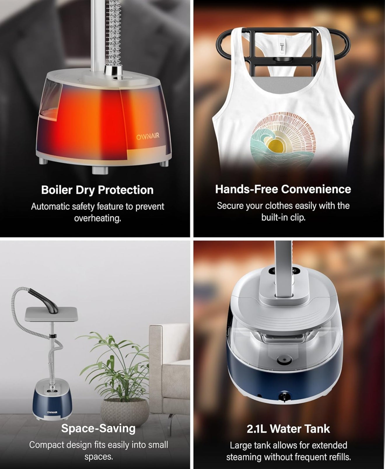 OWNAIR Steam iron with Stand, Standing Garment Steamer, 2.1L Water Tank, 35 g/min, 10 Heat modes, 2000 watt, Adjustable Iron Board, Horizontal and Vertical, 1 year warranty by OWNAIR