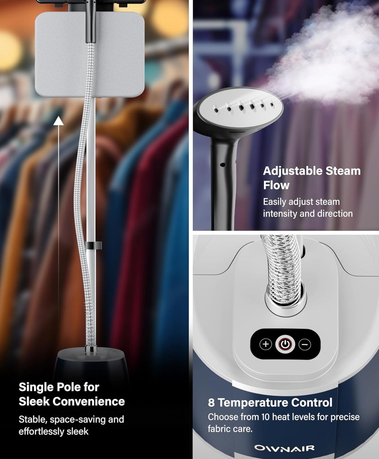 OWNAIR Steam iron with Stand, Standing Garment Steamer, 2.1L Water Tank, 35 g/min, 10 Heat modes, 2000 watt, Adjustable Iron Board, Horizontal and Vertical, 1 year warranty by OWNAIR