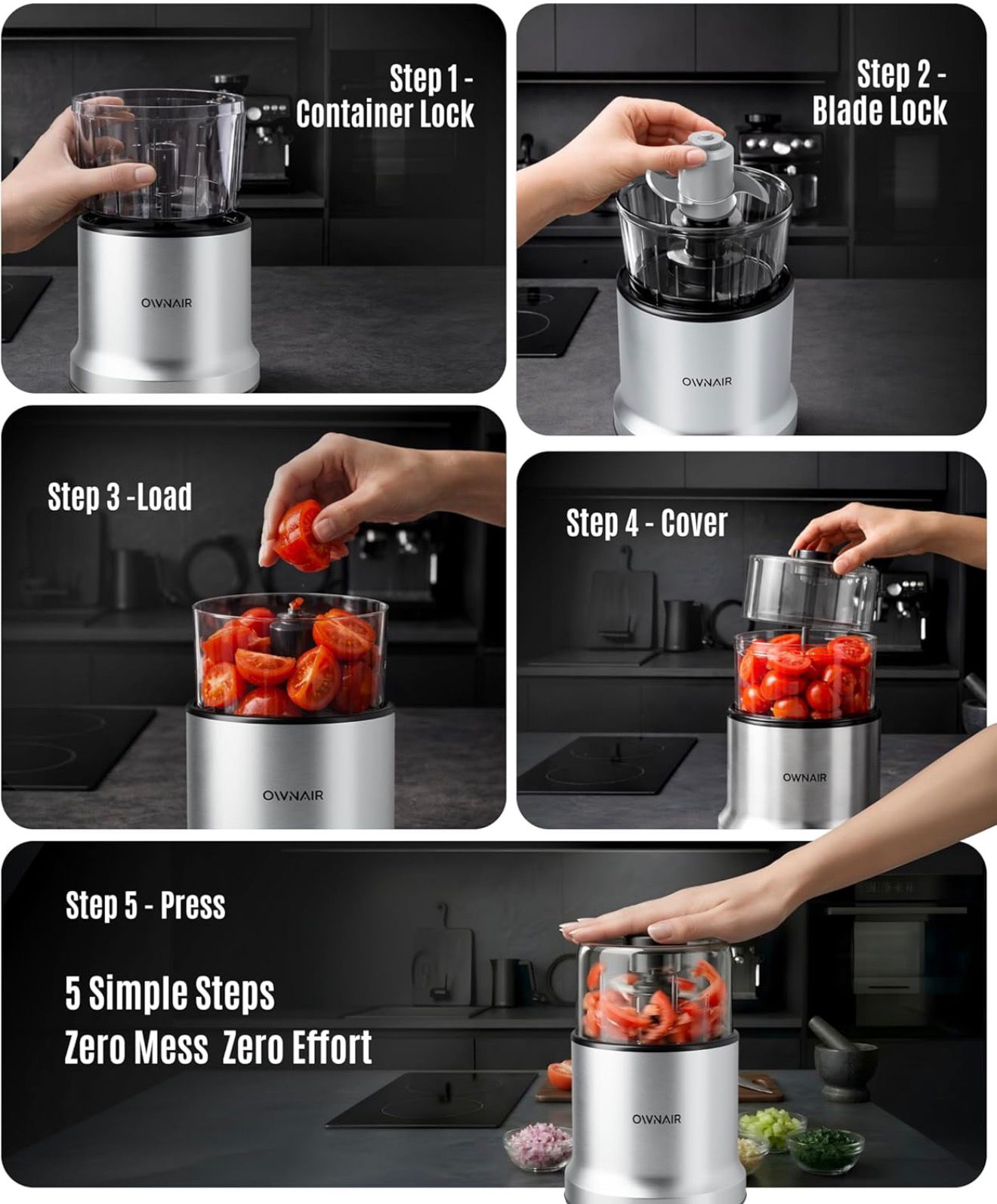 Ownair 800W Electric Food Chopper – 300ml Mini Kitchen Processor with Stainless Steel Blades, Safety Lock & One-Touch Operation