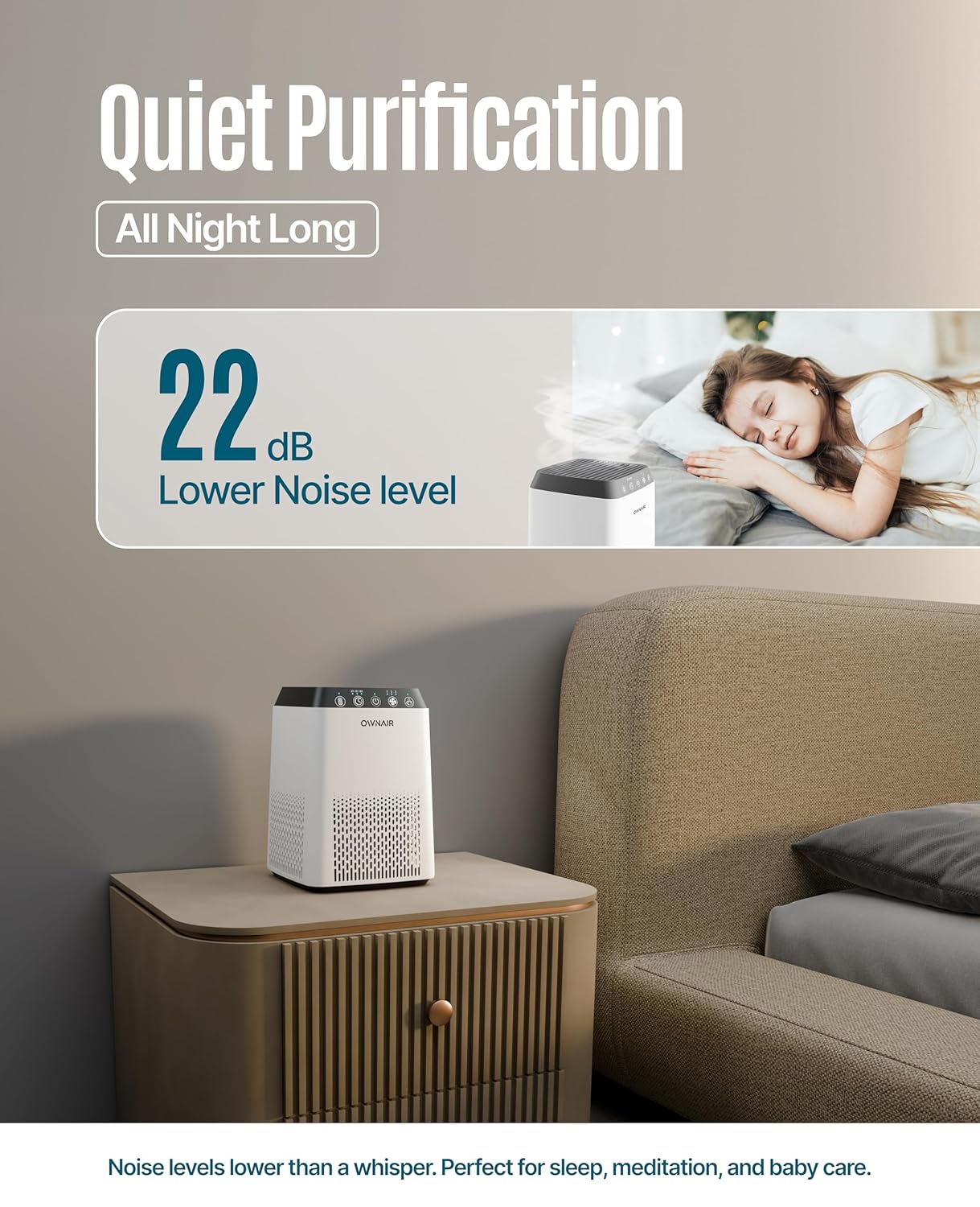 OWNAIR Smart Air Purifier For Coverage Area 150 Sq Ft- Removes 99.97% of Pollen,Dust, Smoke, Quiet and Low energy consumption, Ideal for Bedrooms - White