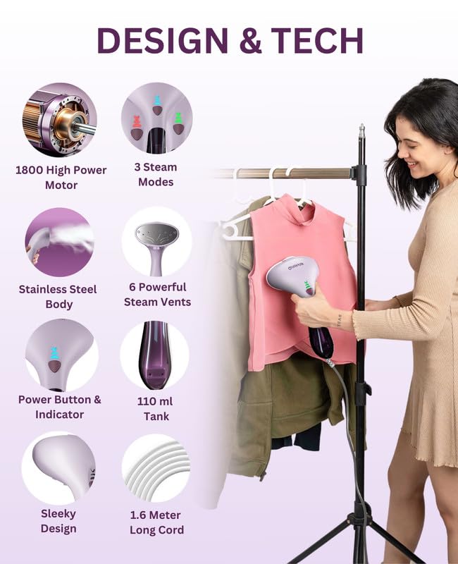 OWNAIR Handheld Garment Steamer for clothes, steam iron press, easy vertical horizontal steaming, steamer for ironing clothes, 24g/min high steam 1800 Watt, 110 ml, 15-sec Fast Heating (Purple)