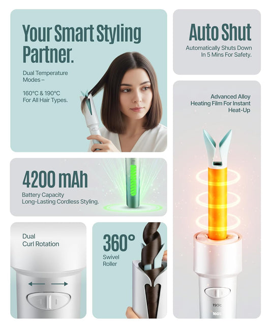 OWNAIR Automatic Hair Curler for Women | Cordless Hair Curler Machine – Dual Modes (Left/Right), 2 Temp Settings (160°C & 190°C), 4200mAh USB-C Rechargeable Iron with 360° Swivel Barrel