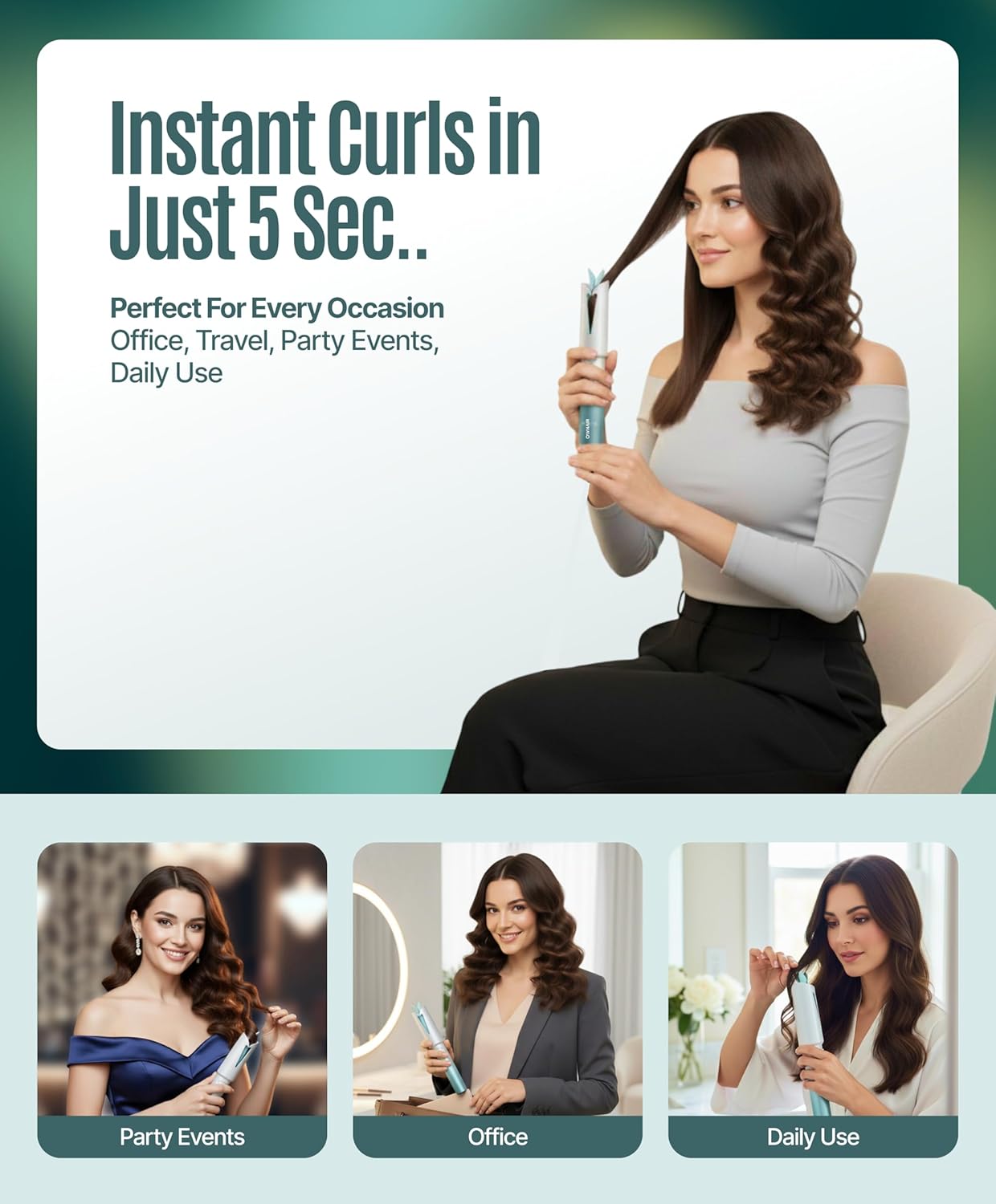 OWNAIR Automatic Hair Curler for Women | Cordless Hair Curler Machine – Dual Modes (Left/Right), 2 Temp Settings (160°C & 190°C), 4200mAh USB-C Rechargeable Iron with 360° Swivel Barrel