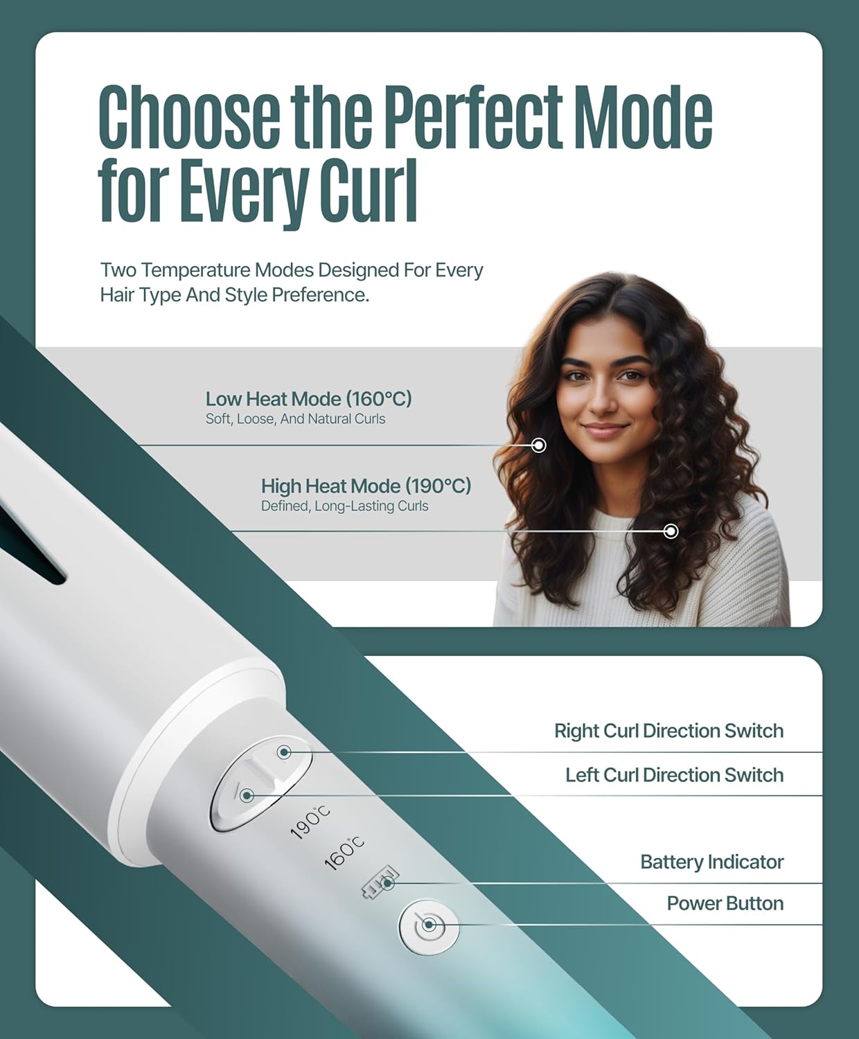 OWNAIR Automatic Hair Curler for Women | Cordless Hair Curler Machine – Dual Modes (Left/Right), 2 Temp Settings (160°C & 190°C), 4200mAh USB-C Rechargeable Iron with 360° Swivel Barrel
